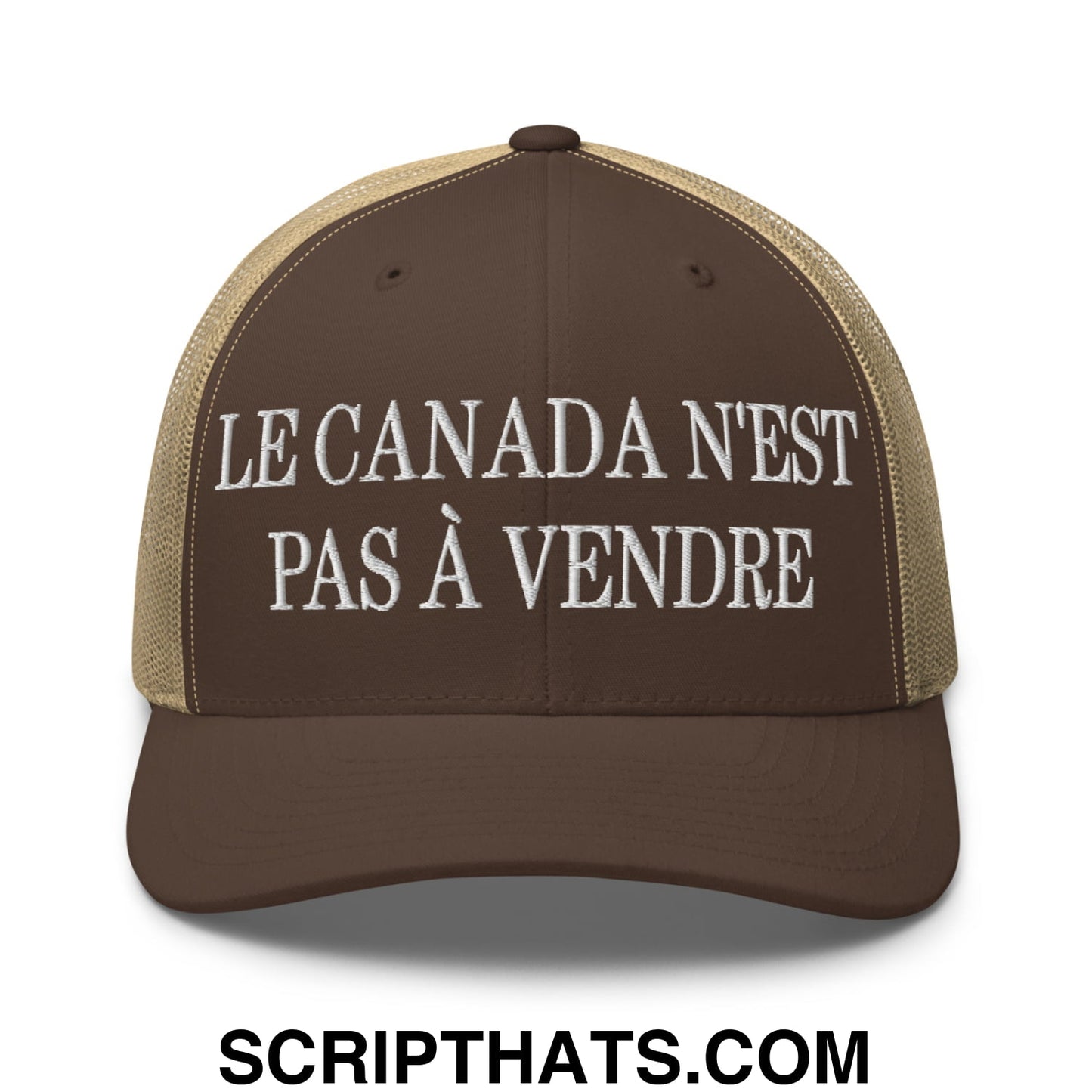 Le Canada N'est Pas À Vendre Embroidered Retro Mesh Trucker Hat Brown Khaki