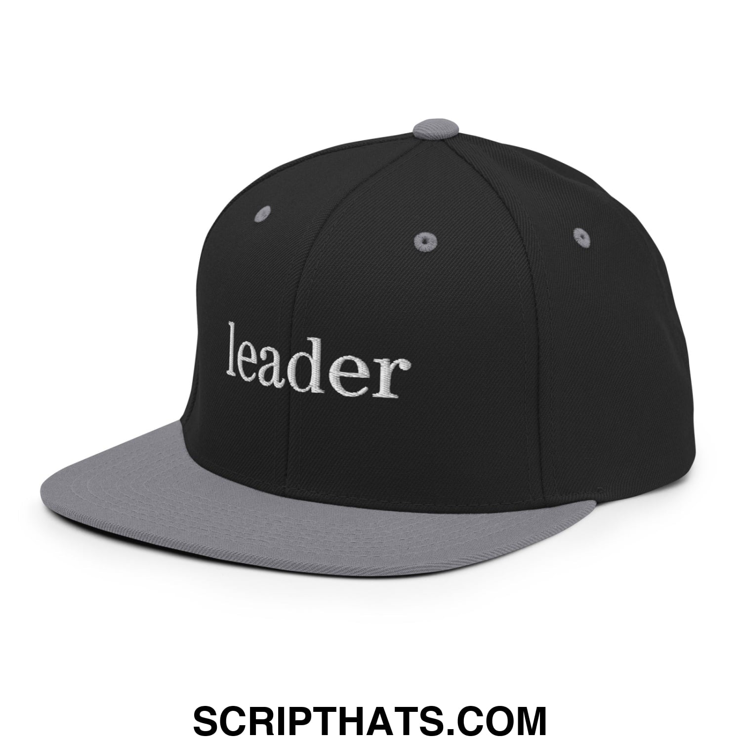 Leader Embroidered Flat Bill Brim Snapback Hat Black Silver
