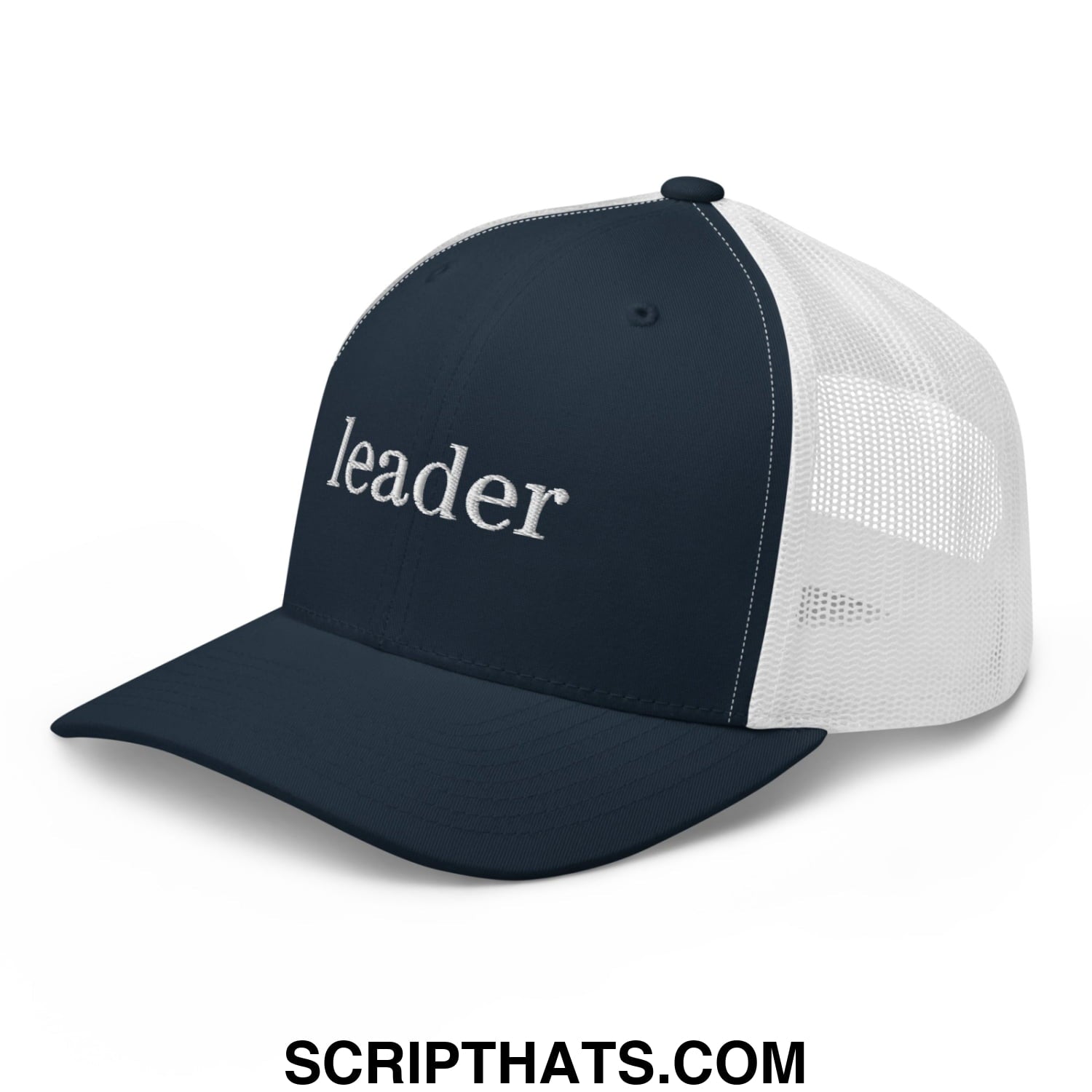 Leader Embroidered Mesh Trucker Hat Navy White