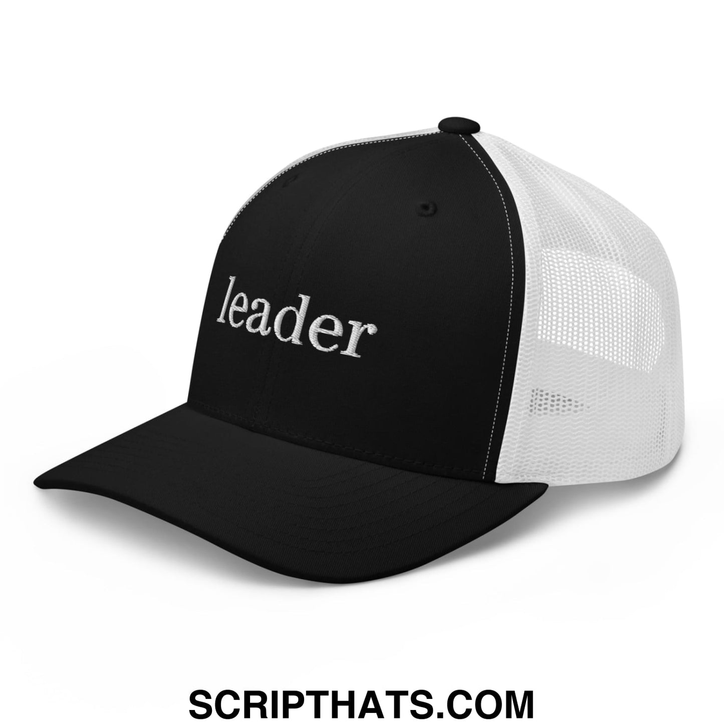 Leader Embroidered Mesh Trucker Hat Black White