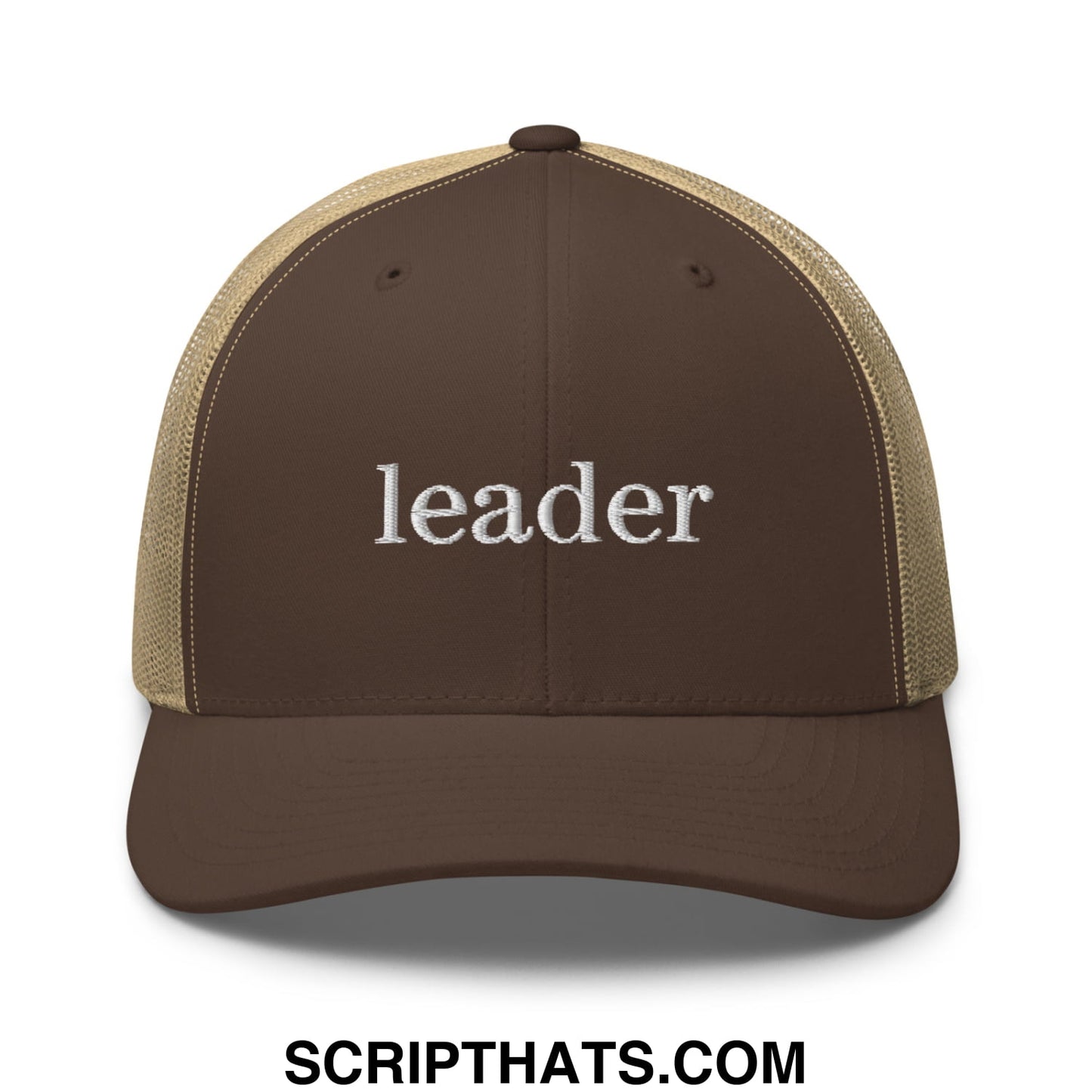 Leader Embroidered Mesh Trucker Hat Brown Khaki