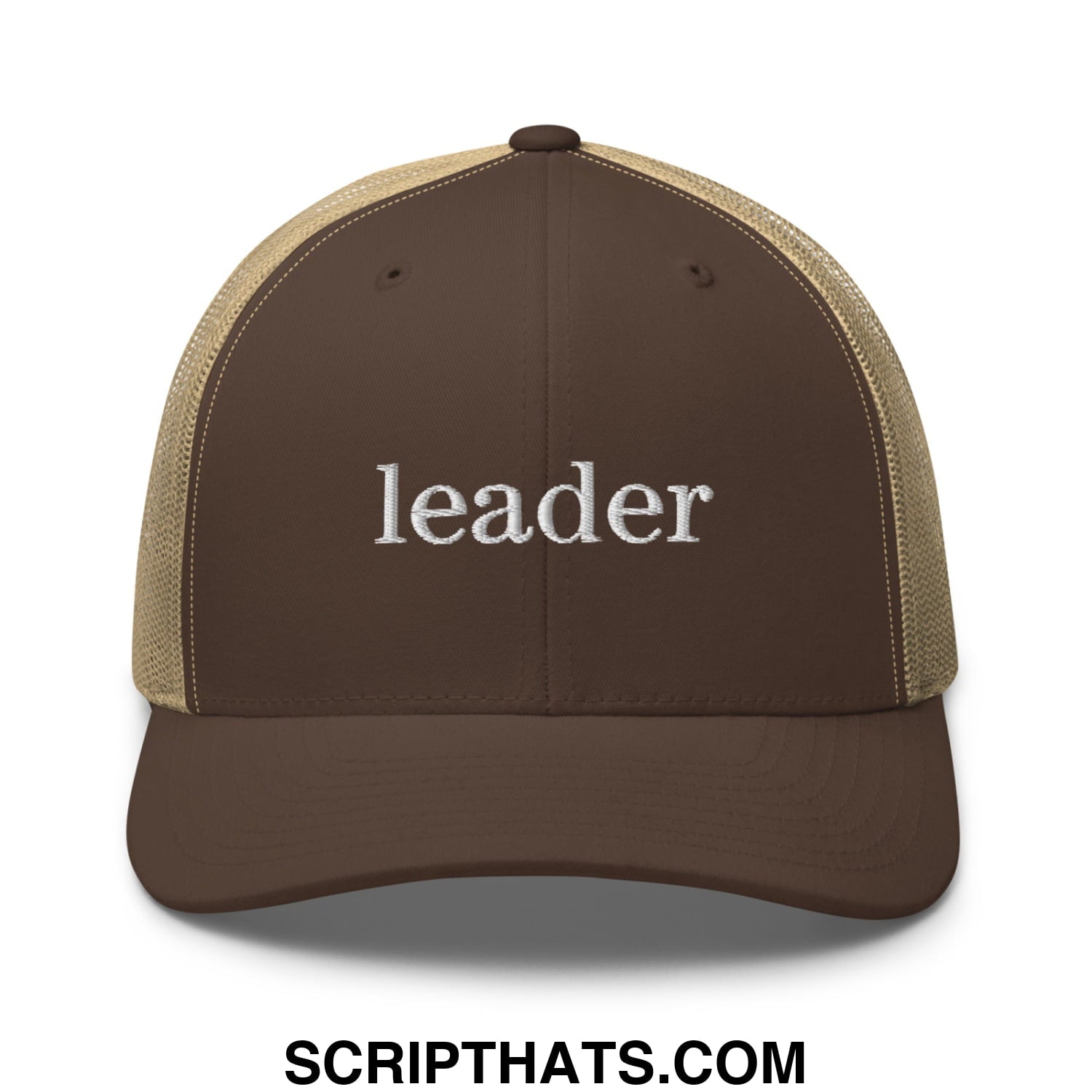 Leader Embroidered Mesh Trucker Hat Brown Khaki