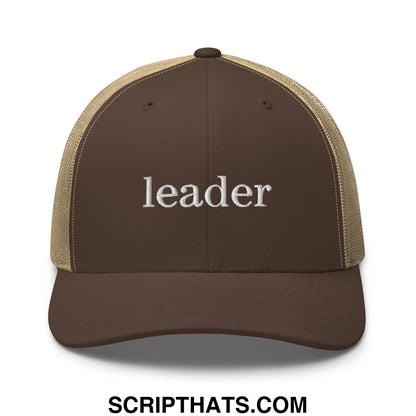 Leader Embroidered Mesh Trucker Hat Brown Khaki