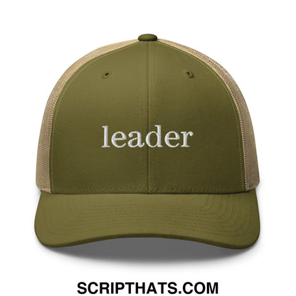Leader Embroidered Mesh Trucker Hat Moss Khaki