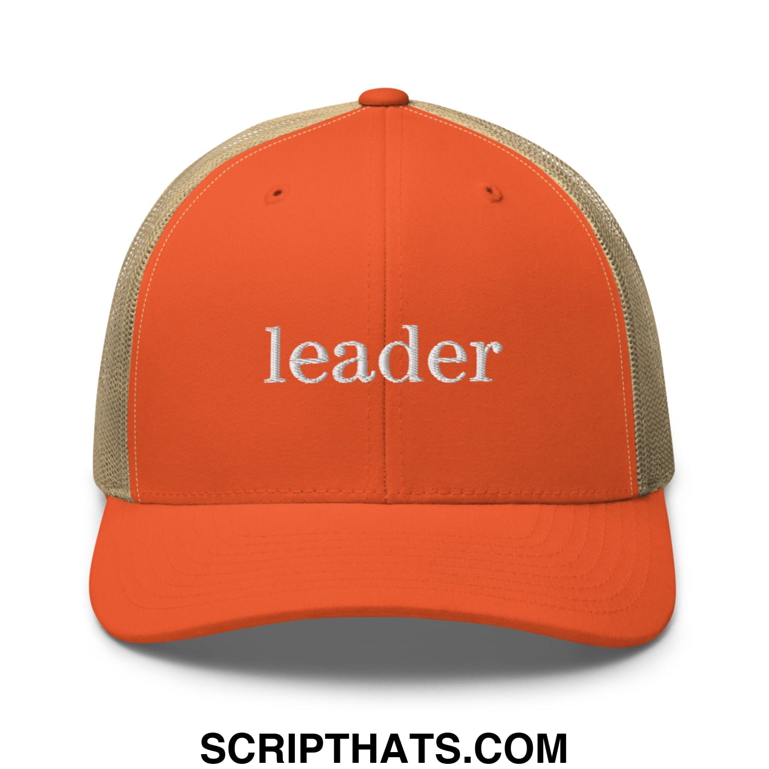 Leader Embroidered Mesh Trucker Hat Rustic Orange Khaki