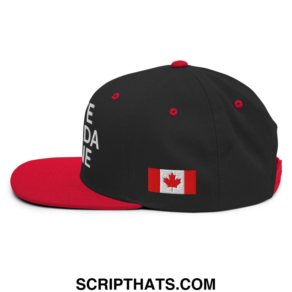 Black and red snapback hat with flat bill and embroidered canadian flag patch on the side for canada pride