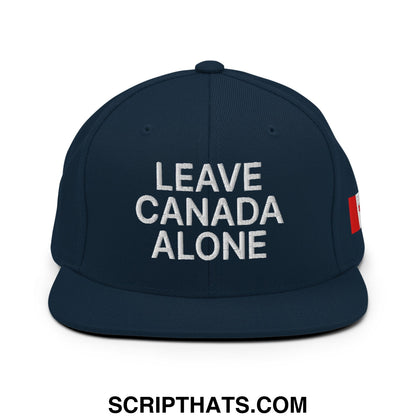 Navy blue snapback hat with white leave Canada alone embroidery and red Canadian flag patch on the side