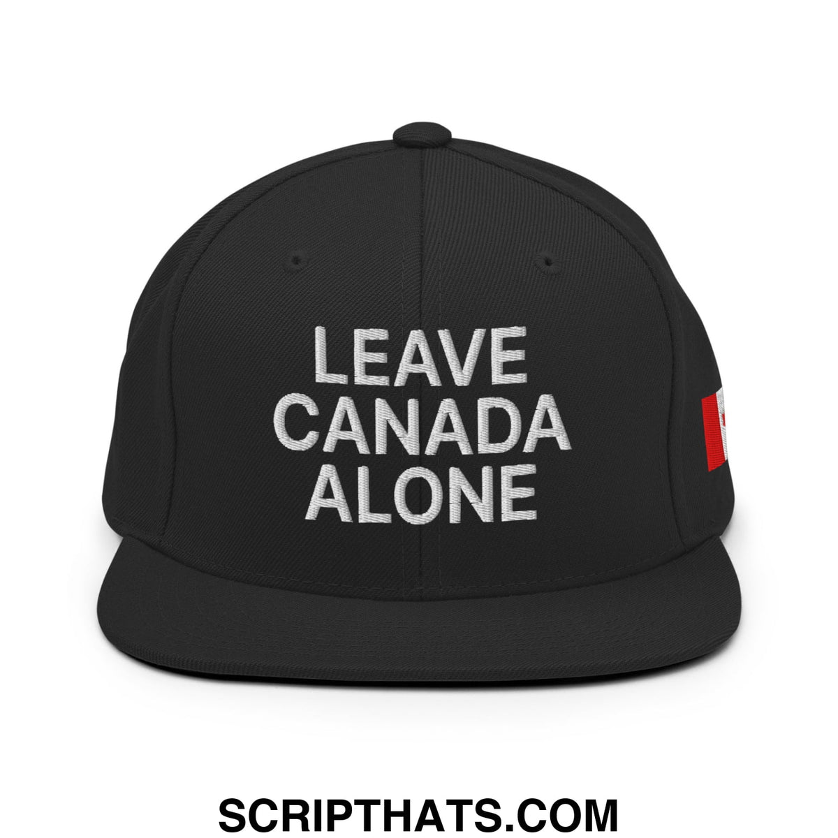 Black snapback hat with white leave canada alone embroidery and red canadian flag patch on the side