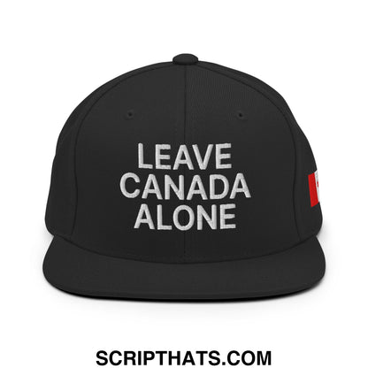 Black snapback hat with white leave canada alone embroidery and red canadian flag patch on the side