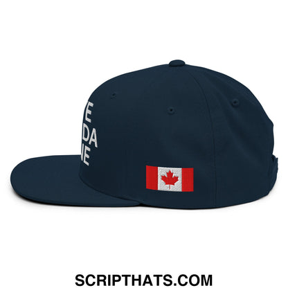 Dark navy snapback hat with white embroidered leave canada alone text and canadian flag patch on the side
