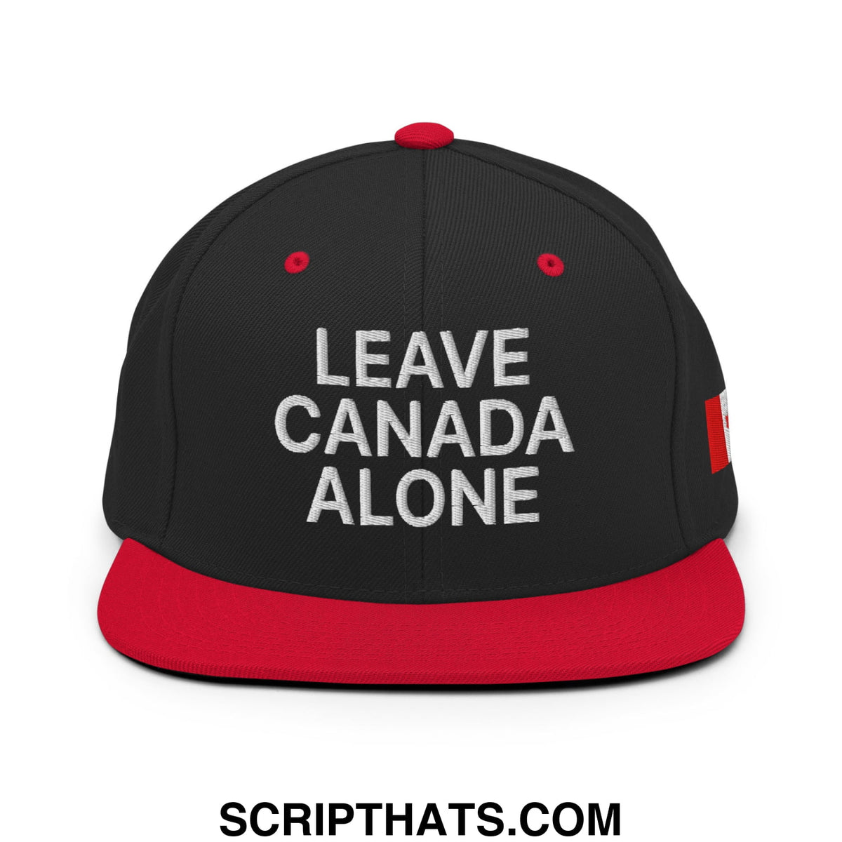 Black and red snapback hat with white leave canada alone embroidery and canadian flag patch flat bill brim