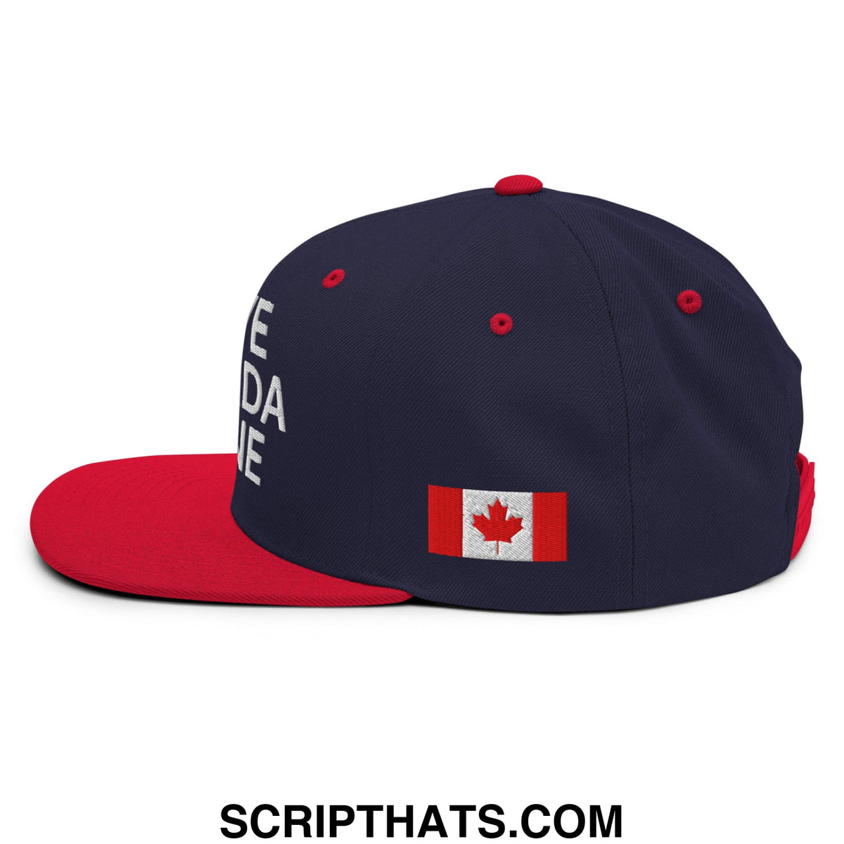 Navy blue and red snapback cap with embroidered Canadian flag patch and white Canada lettering flat bill brim hat