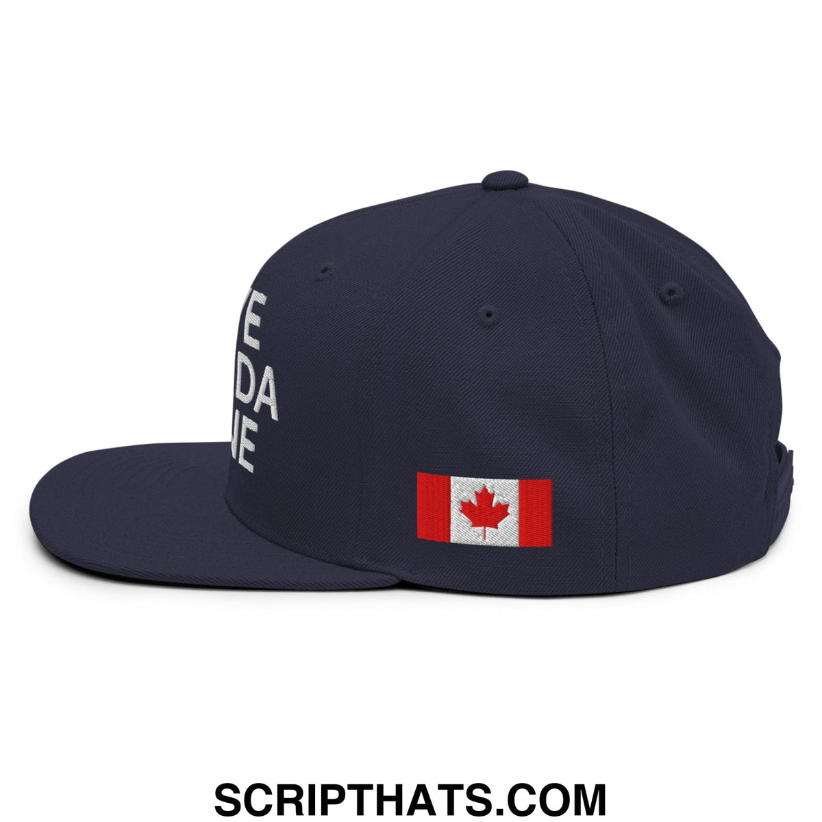 Dark navy snapback cap with white embroidered leave canada alone text and red maple leaf flag patch on the side