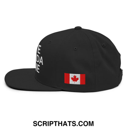 Black snapback cap with white embroidered canada text and red white black canadian flag patch on the side