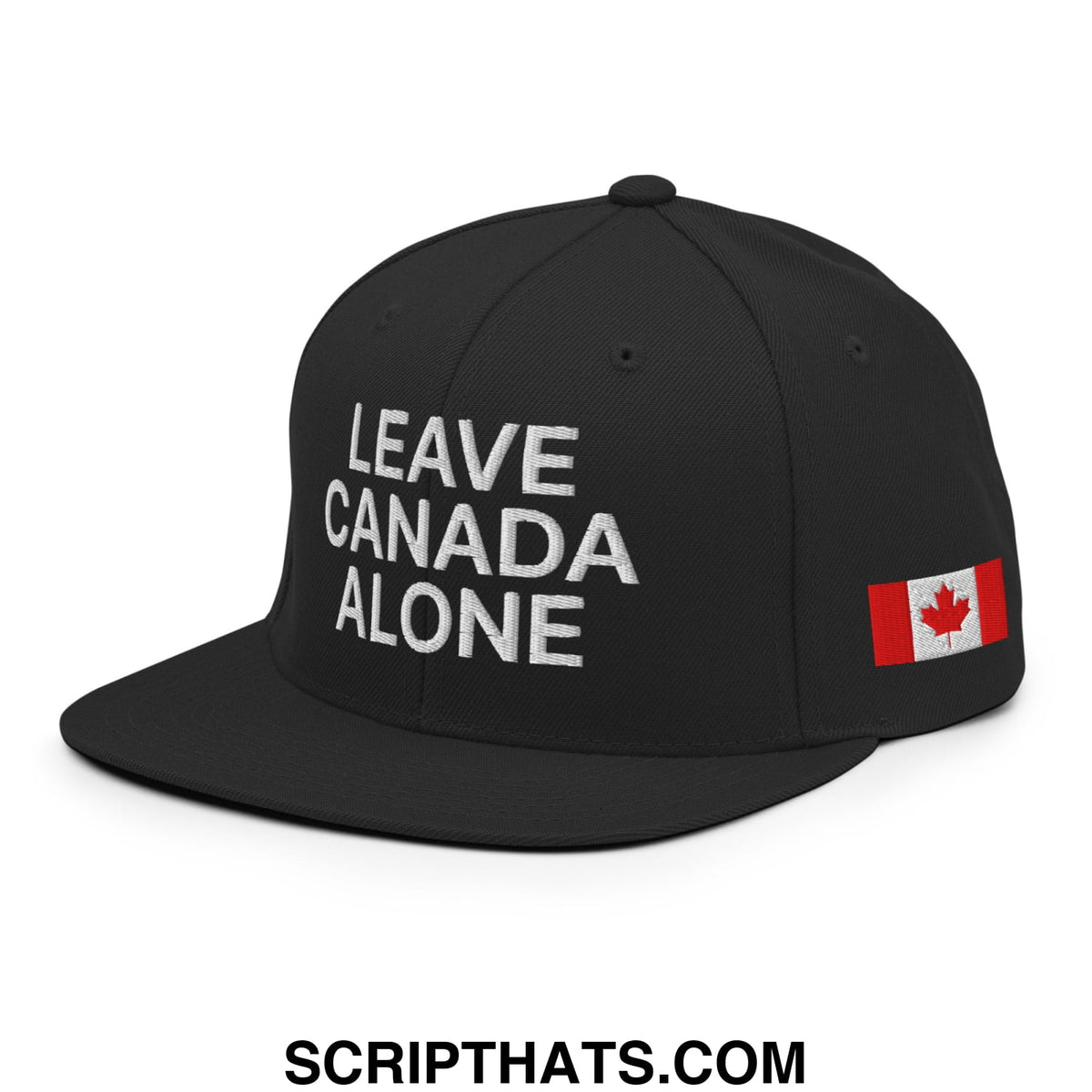 Black snapback cap with white embroidered leave canada alone text and canadian flag patch on the side