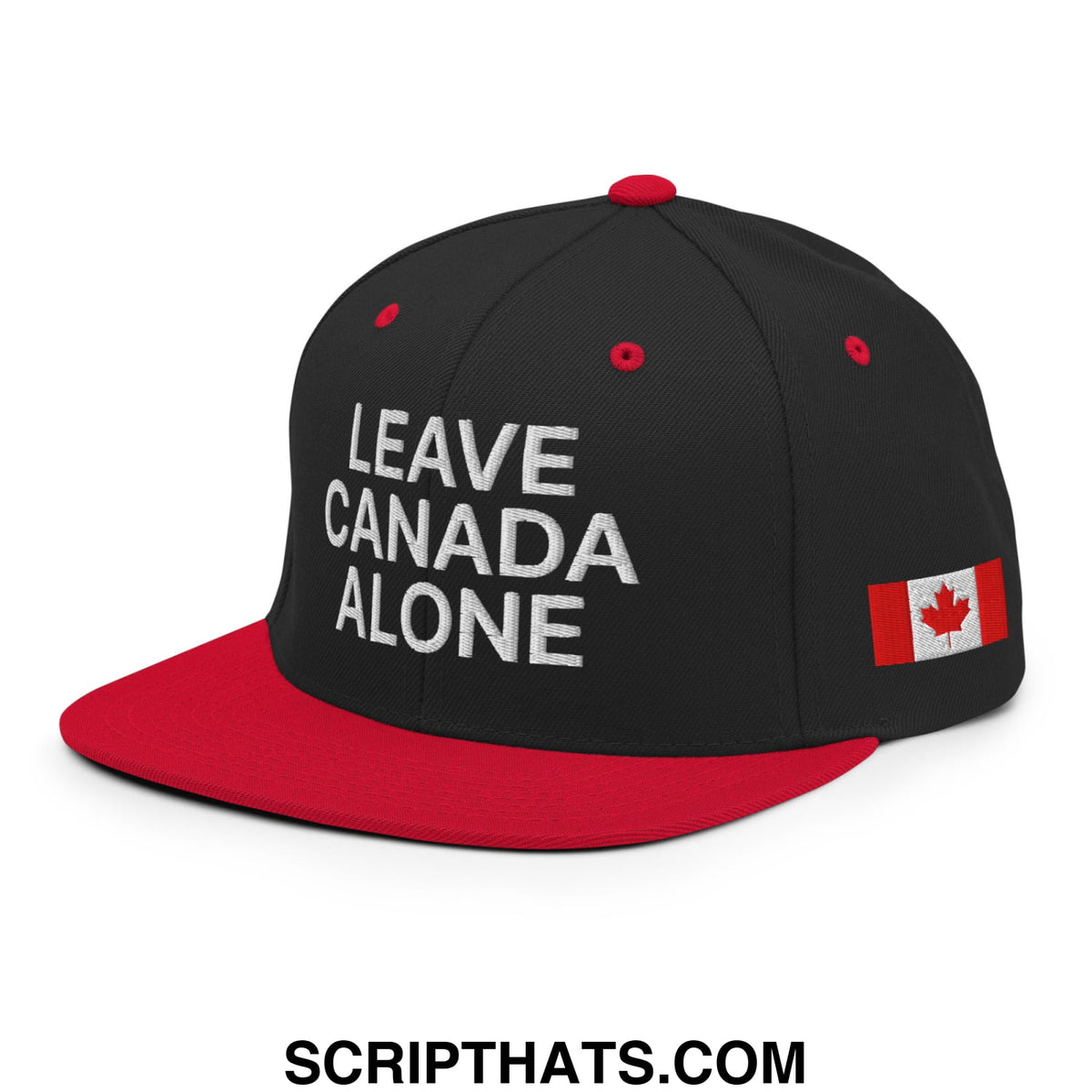 Black and red snapback hat with white embroidered leave canada alone text and canadian flag patch on the side