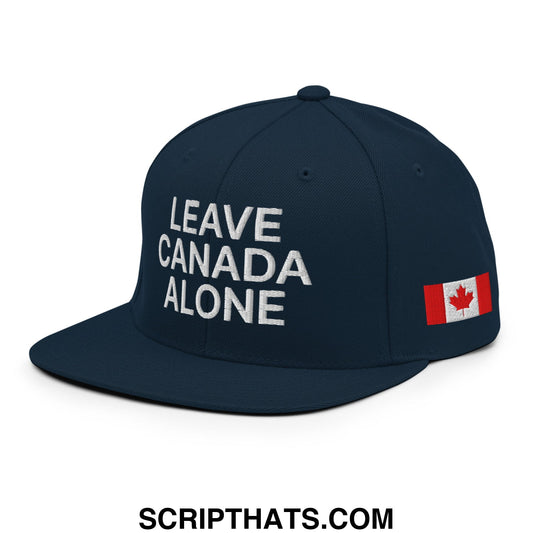 Dark navy snapback hat with white leave canada alone embroidery and canadian flag patch on the side