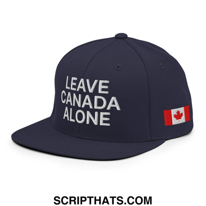 Navy blue snapback hat with white leave canada alone embroidery and canadian flag patch on the side