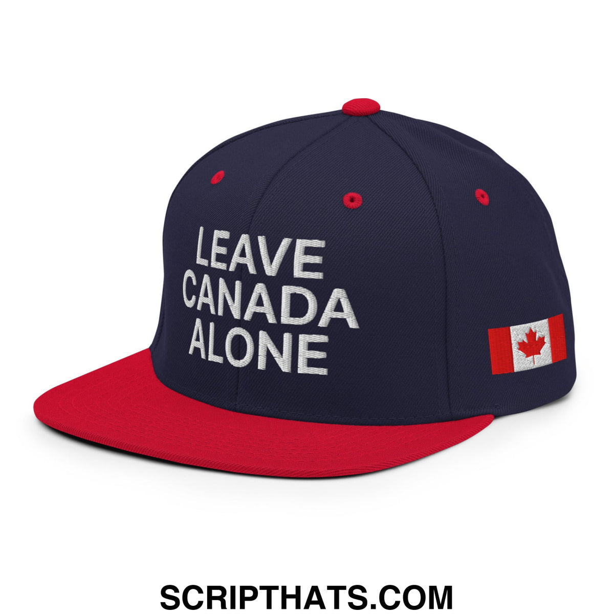 Navy blue and red snapback hat with white leave canada alone embroidery and canadian flag patch on the side