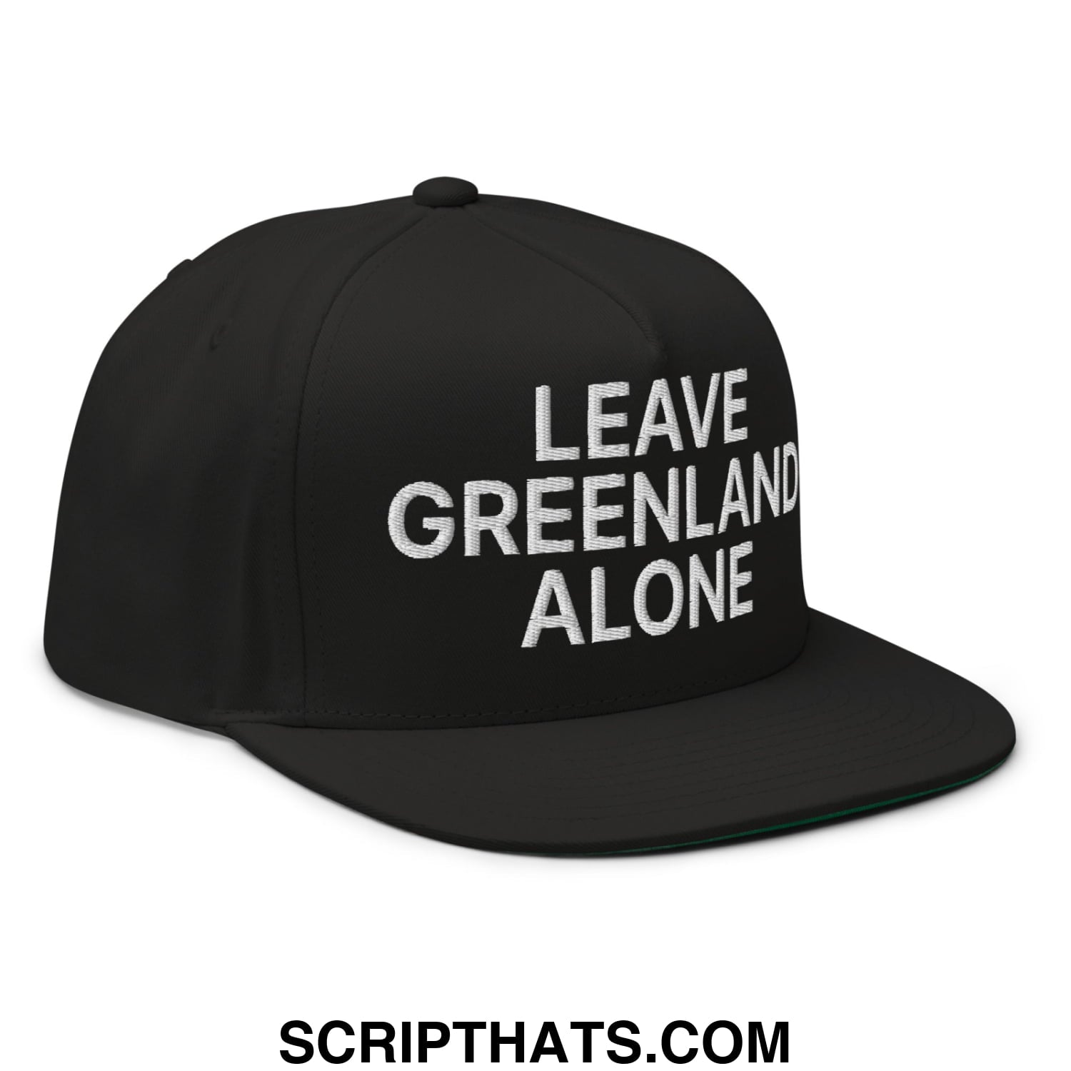 Black snapback cap with white embroidered leave greenland alone text and flat bill 5 panel design