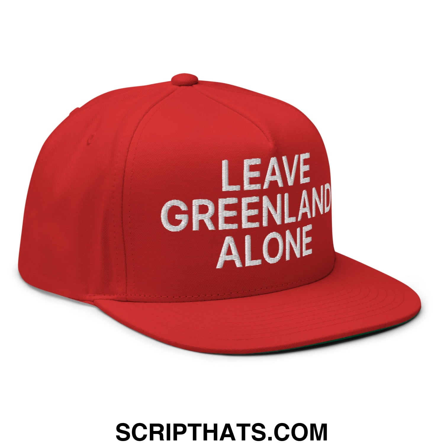 A vibrant red snapback hat with white embroidered leave Greenland alone text and flat bill brim 5 panel design