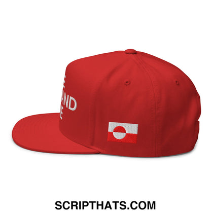 Red snapback cap with white embroidered leave greenland alone text and small flag patch on the side