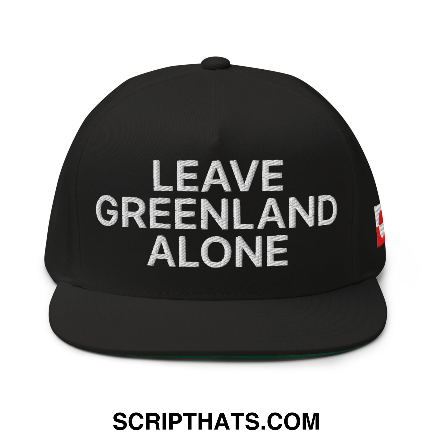 Black Leave Greenland Alone embroidered flat bill snapback hat with white text and red side logo in 5 panel design