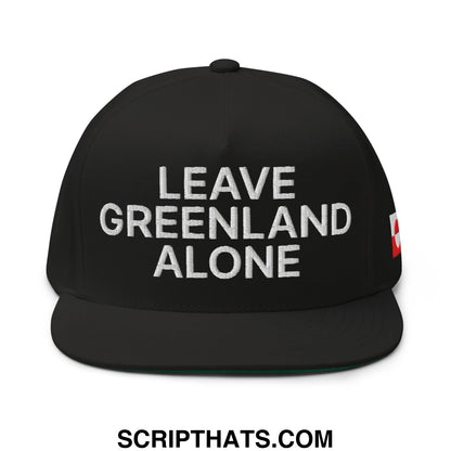Black Leave Greenland Alone embroidered flat bill snapback hat with white text and red side logo in 5 panel design
