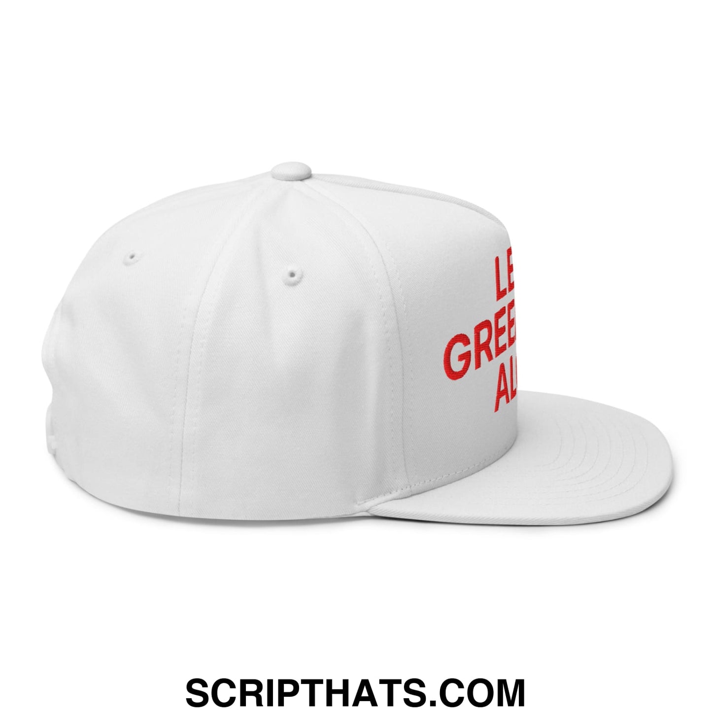 White 5 panel snapback hat with flat bill brim featuring red embroidered leave greenland alone text on the side