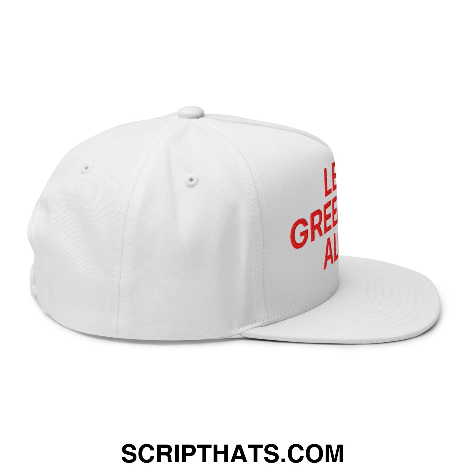 White 5 panel snapback hat with flat bill brim featuring red embroidered leave greenland alone text on the side