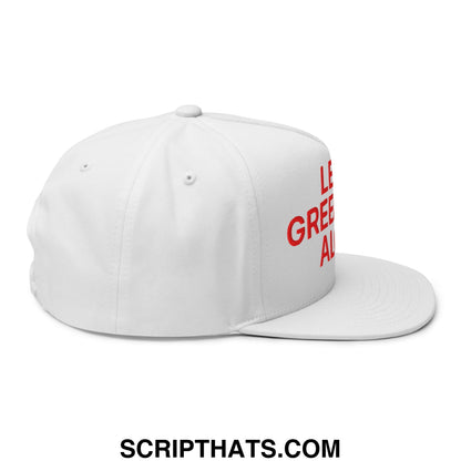 White 5 panel snapback hat with flat bill brim featuring red embroidered leave greenland alone text on the side