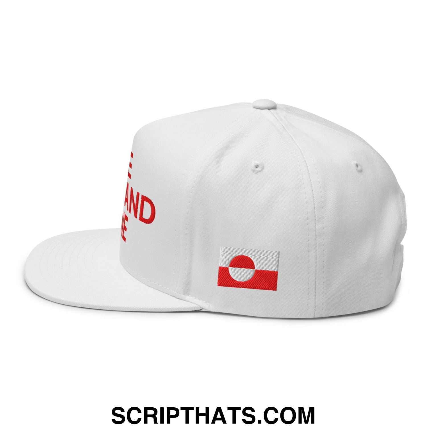 White snapback cap with red embroidered leave Greenland alone text and a small flag patch on the side