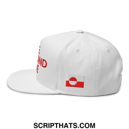 White snapback cap with red embroidered leave Greenland alone text and a small flag patch on the side