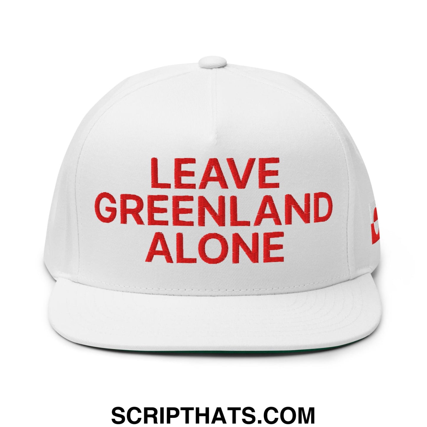 White snapback 5 panel hat with flat bill brim and bold red embroidered text leave greenland alone on front