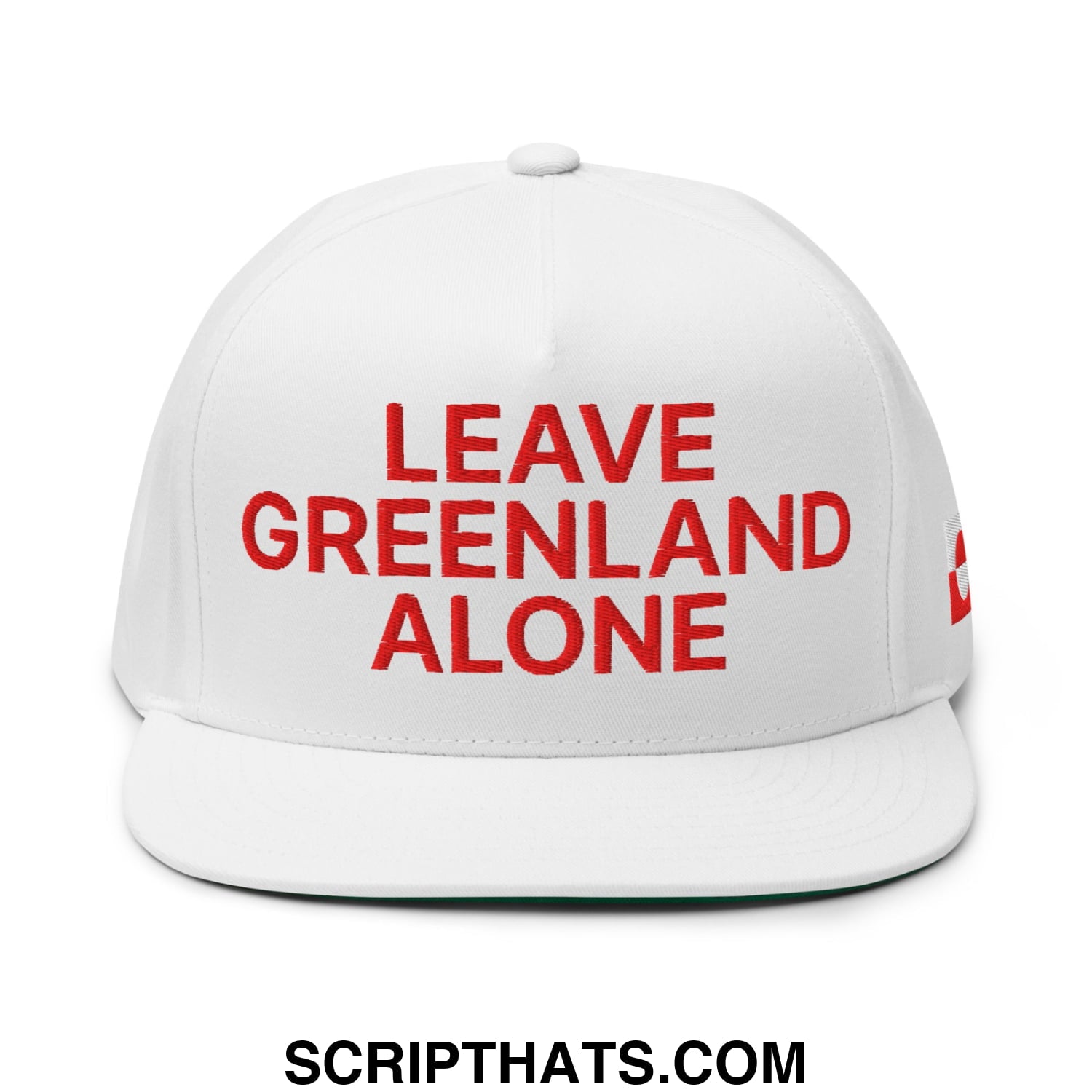 White snapback 5 panel hat with flat bill brim and bold red embroidered text leave greenland alone on front
