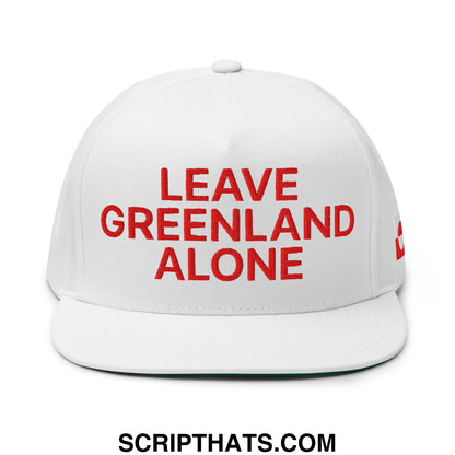 White snapback 5 panel hat with flat bill brim and bold red embroidered text leave greenland alone on front