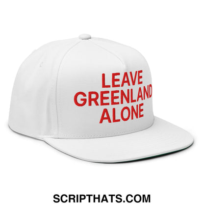 White snapback cap with bold red embroidered leave greenland alone text and flat bill brim 5 panel design