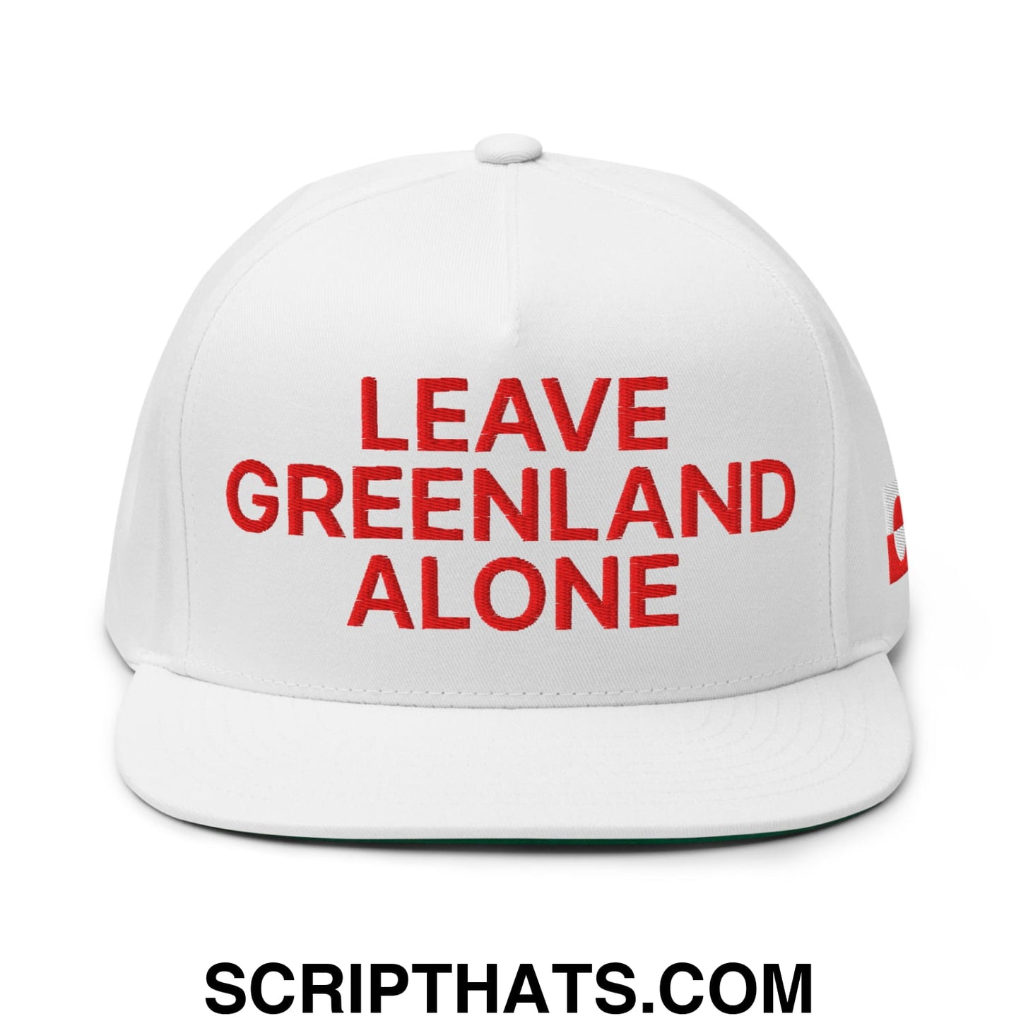 Leave Greenland Alone Embroidered Flat Bill Brim 5 Panel Snapback Hat White