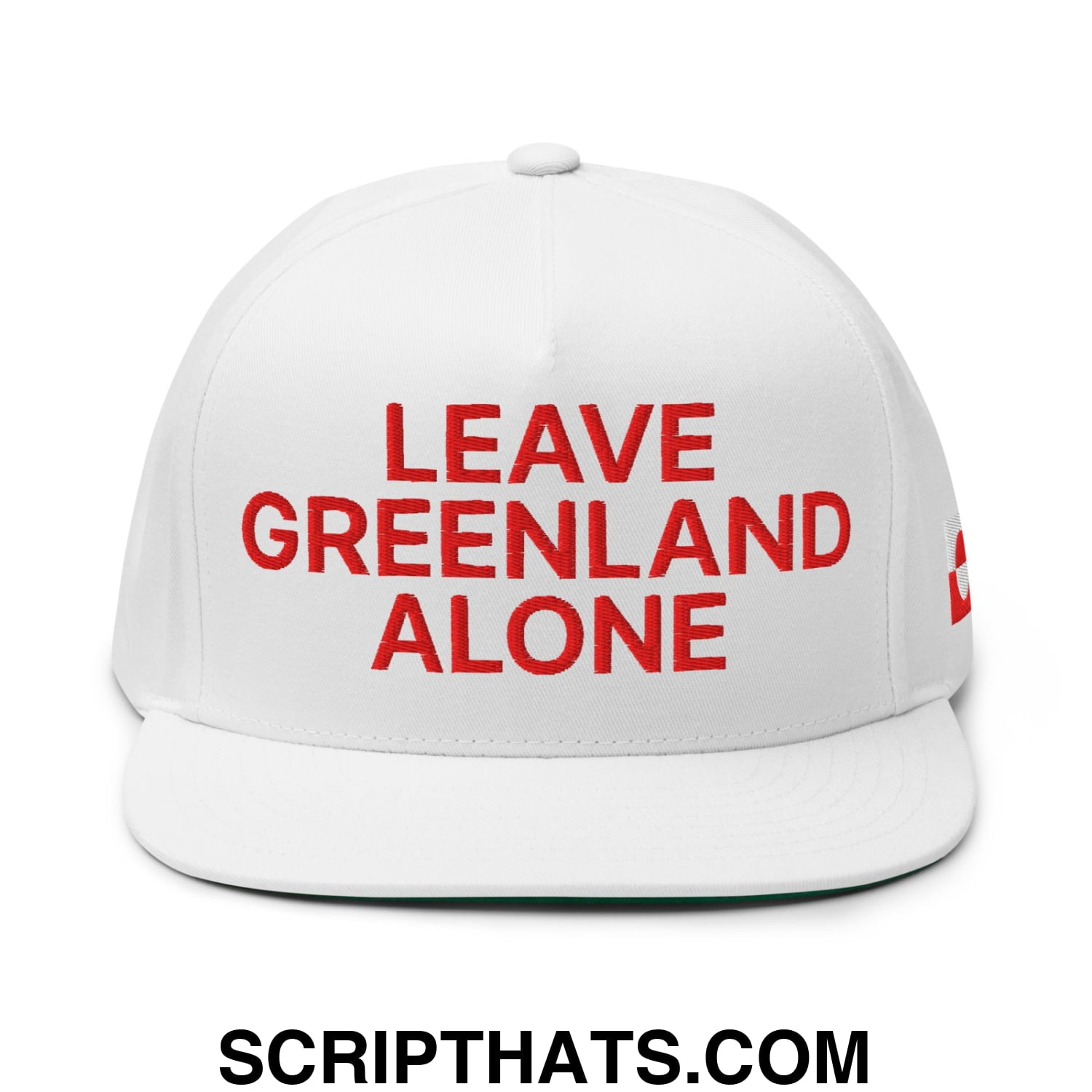 Leave Greenland Alone Embroidered Flat Bill Brim 5 Panel Snapback Hat White
