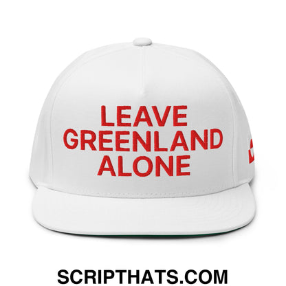 Leave Greenland Alone Embroidered Flat Bill Brim 5 Panel Snapback Hat White