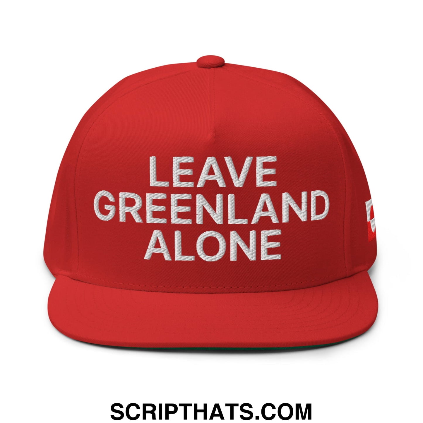 Red flat bill 5 panel snapback hat with white embroidered leave greenland alone text on the front
