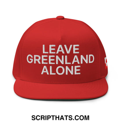 Red flat bill 5 panel snapback hat with white embroidered leave greenland alone text on the front
