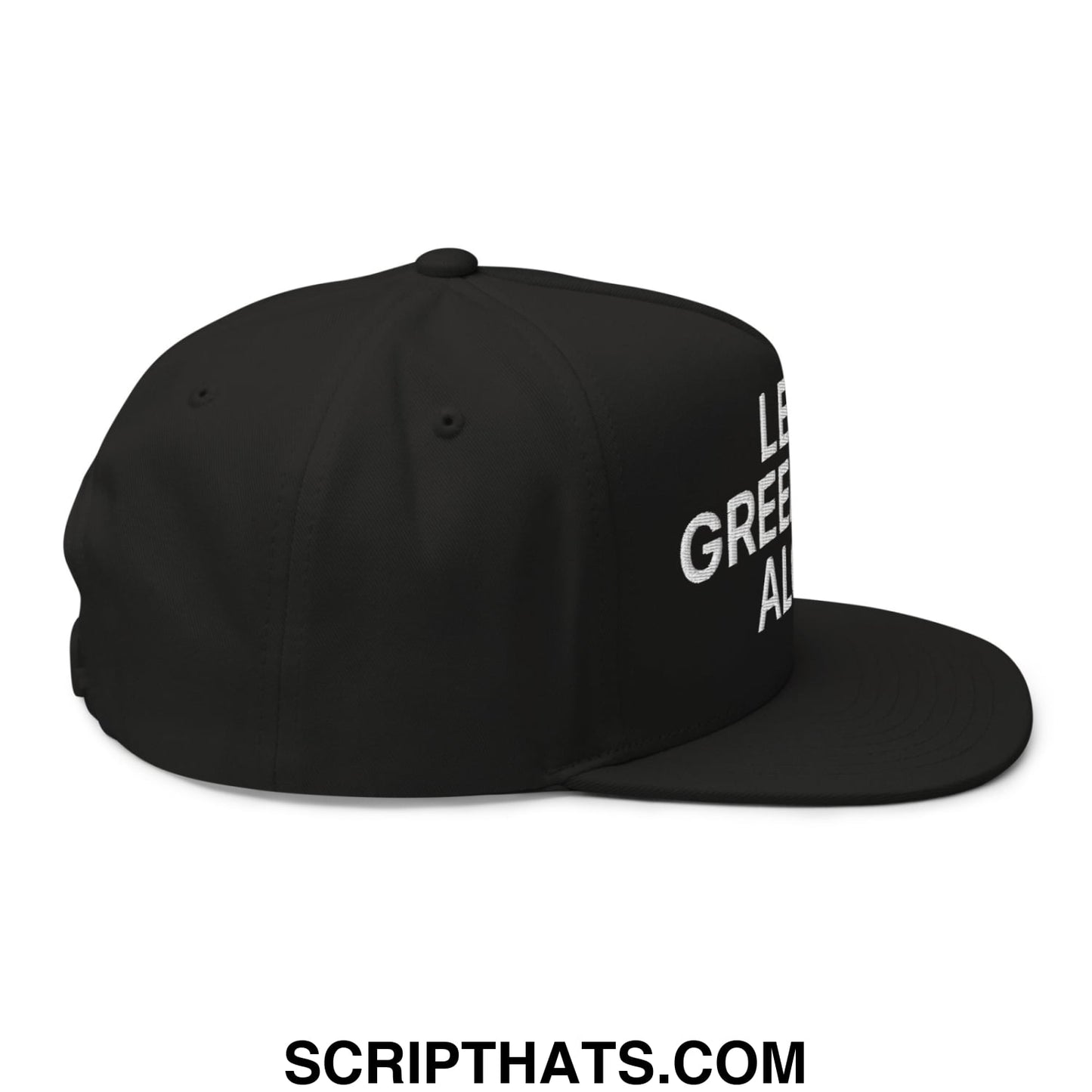 Black snapback cap with white embroidered leave green alone text on side featuring flat bill brim and 5 panel design