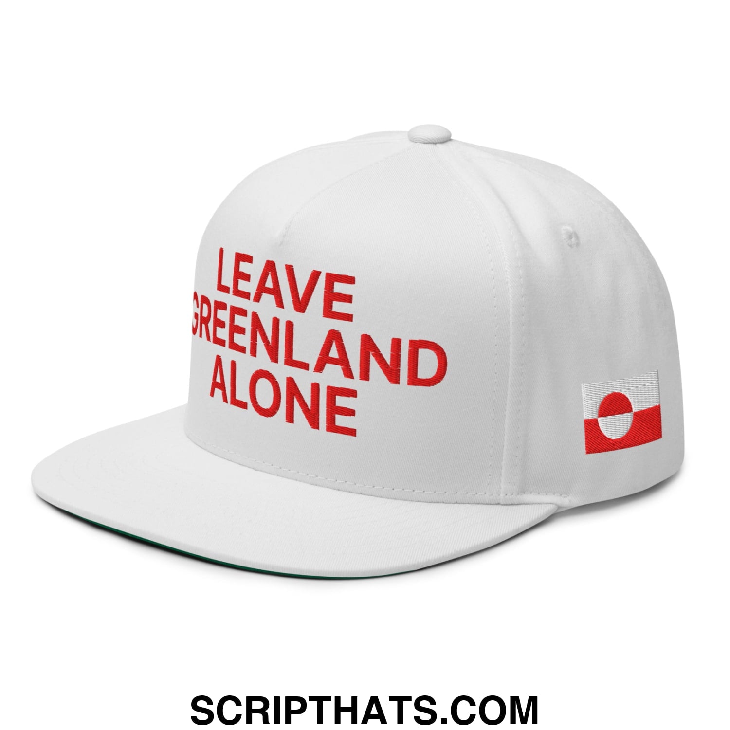White snapback cap with bold red leave greenland alone text and small embroidered greenland flag on the side