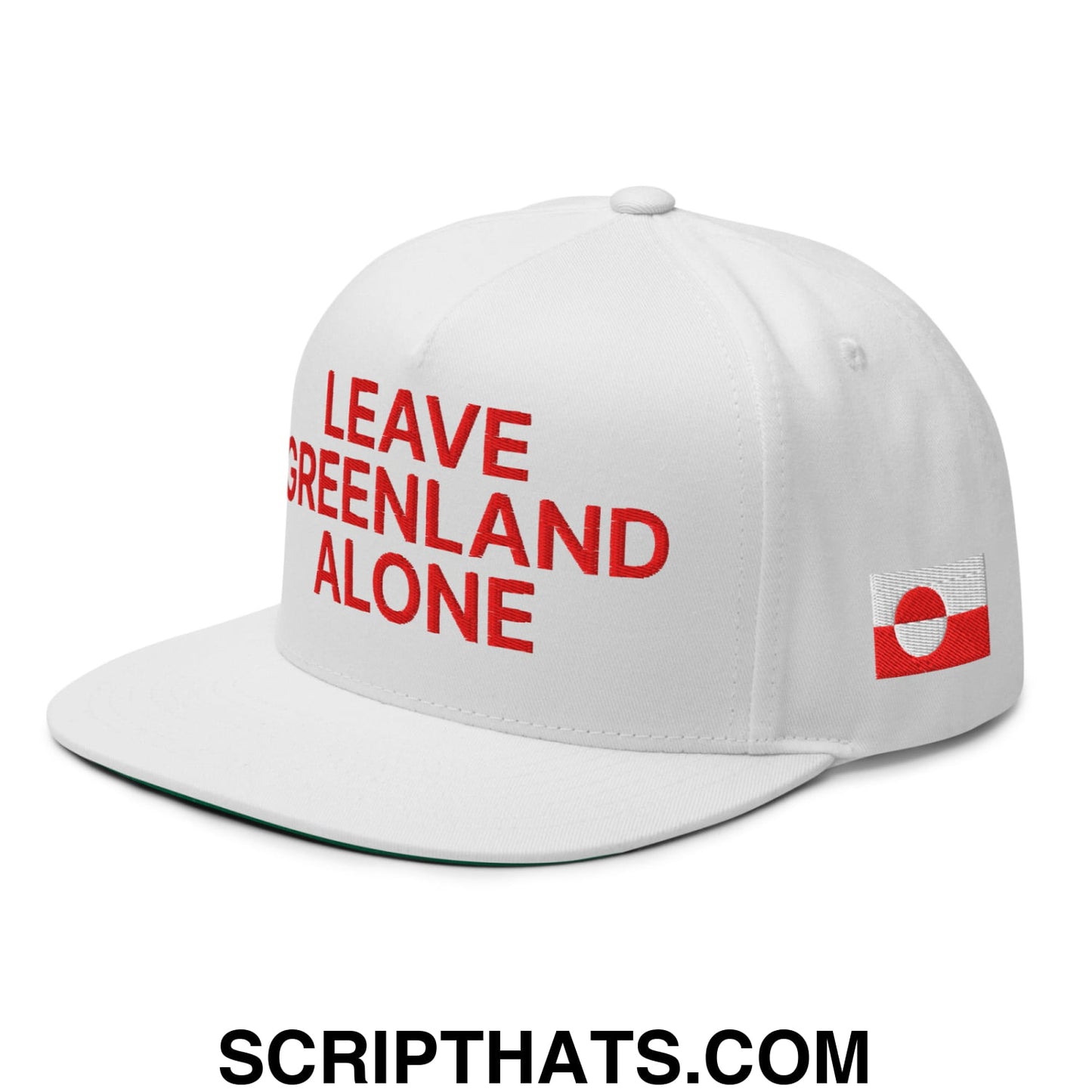 Leave Greenland Alone Embroidered Flat Bill Brim 5 Panel Snapback Hat White