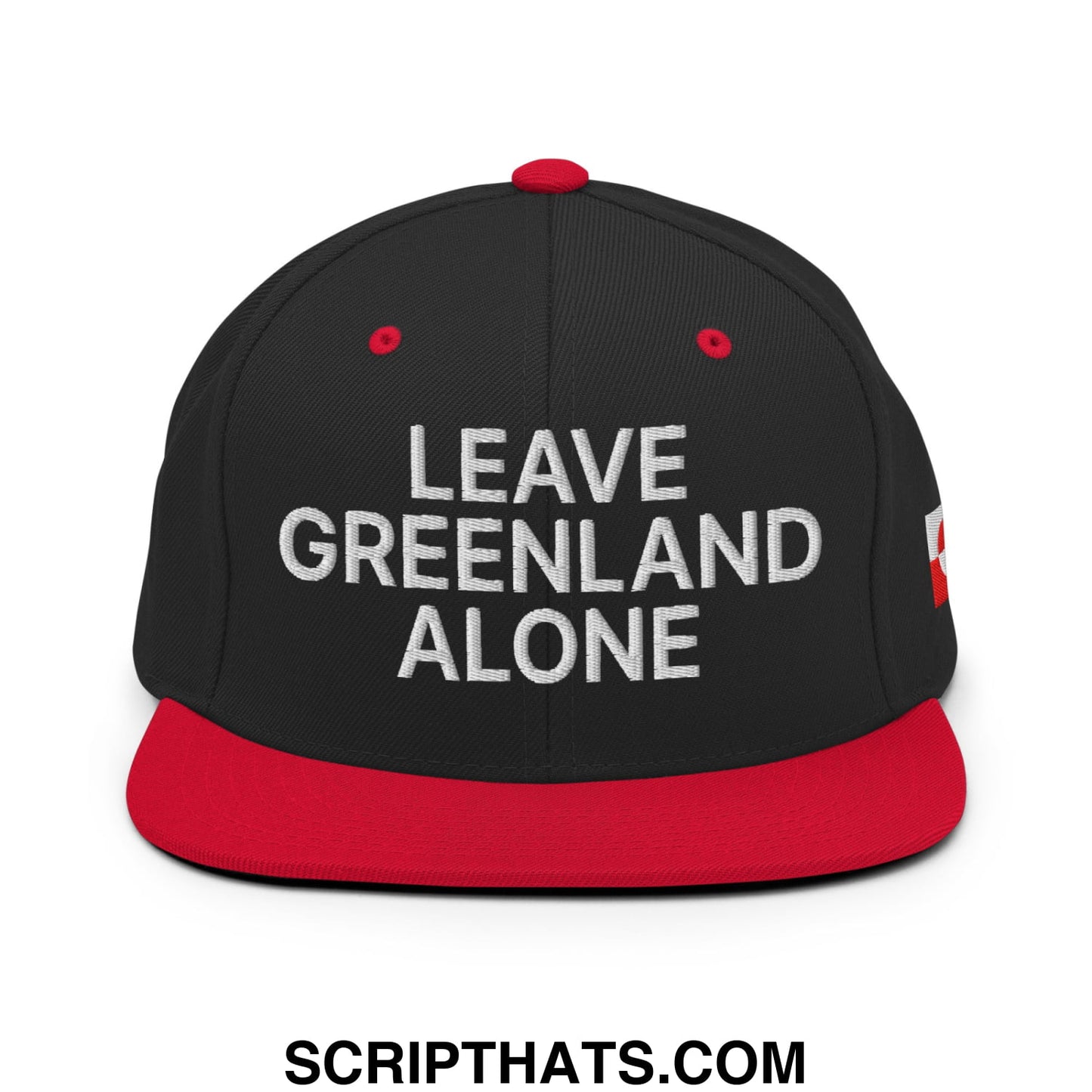 Black and red snapback hat with white embroidered leave greenland alone text on flat bill brim