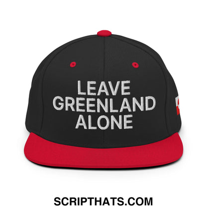 Black and red snapback hat with white embroidered leave greenland alone text on flat bill brim