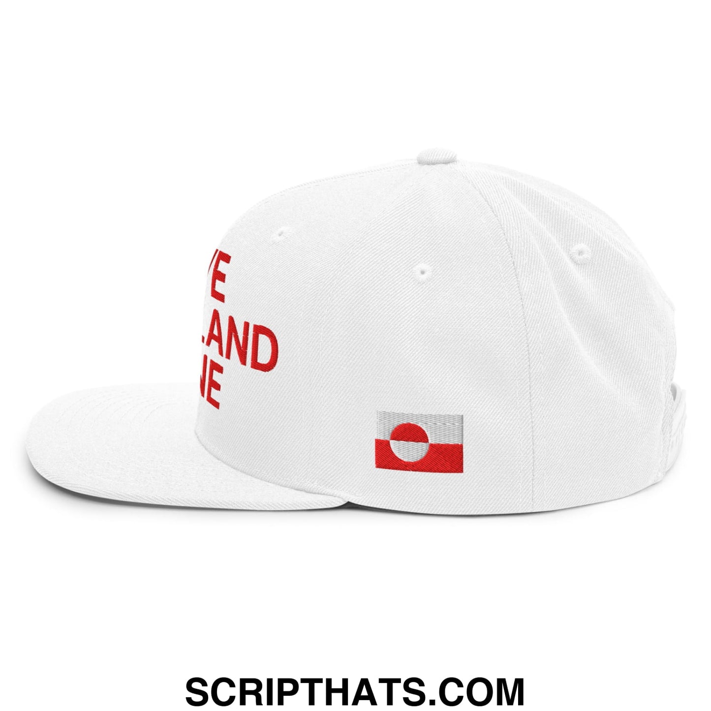 White snapback cap with red embroidered leave greenland alone text and a small flag patch on the side