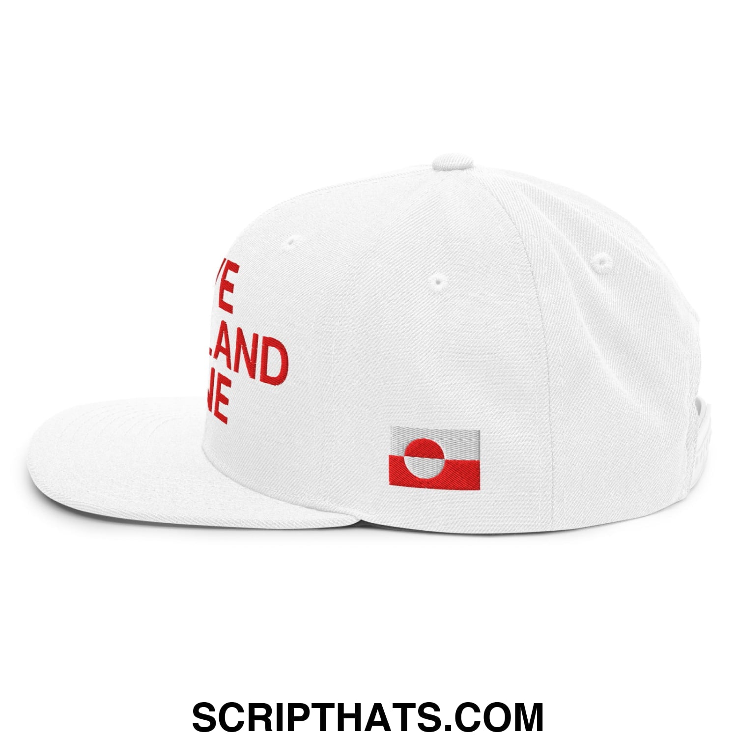White snapback cap with red embroidered leave greenland alone text and a small flag patch on the side