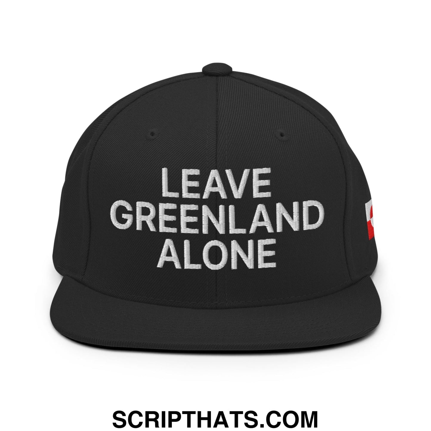 Black snapback hat with white embroidered leave Greenland alone text and red side logo flat bill brim design